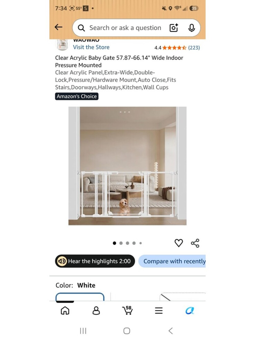 Clear Acrylic Baby Gate 57.87-66.14" Wide Indoor Pressure Mounted